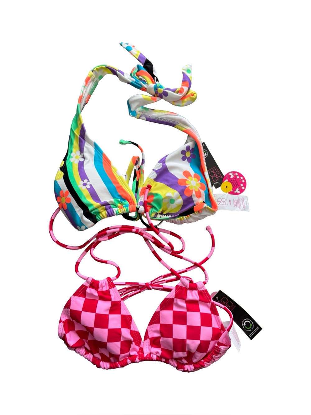 No Boundaries NOBO Bikini Top Lot x2 M Rainbow Floral & Pink Checker NWT